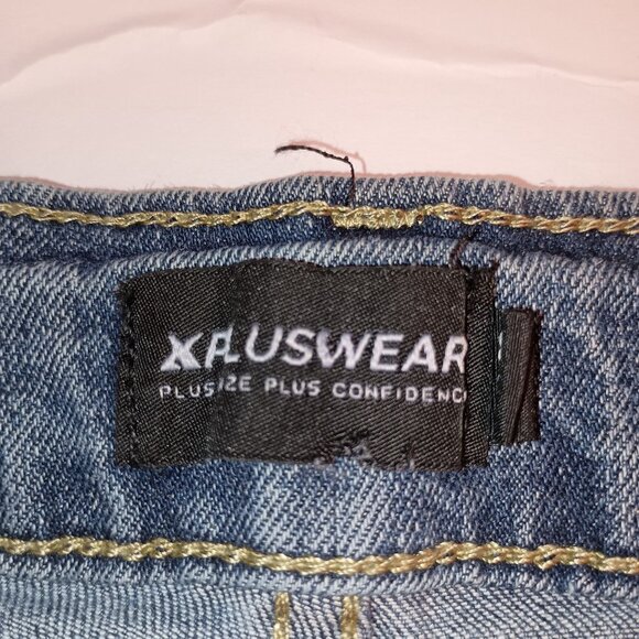 PlusWear Thrashed Women Glam Blue Jeans Flare Legs with Feathers Hippie  Size XL - Picture 3 of 12